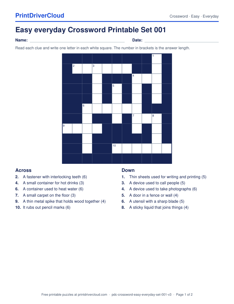 Easy Everyday Crossword Printable Set 001 preview