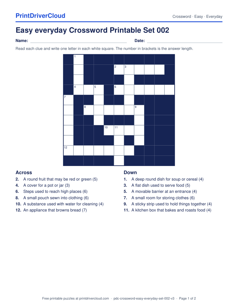 Easy Everyday Crossword Printable Set 002 preview