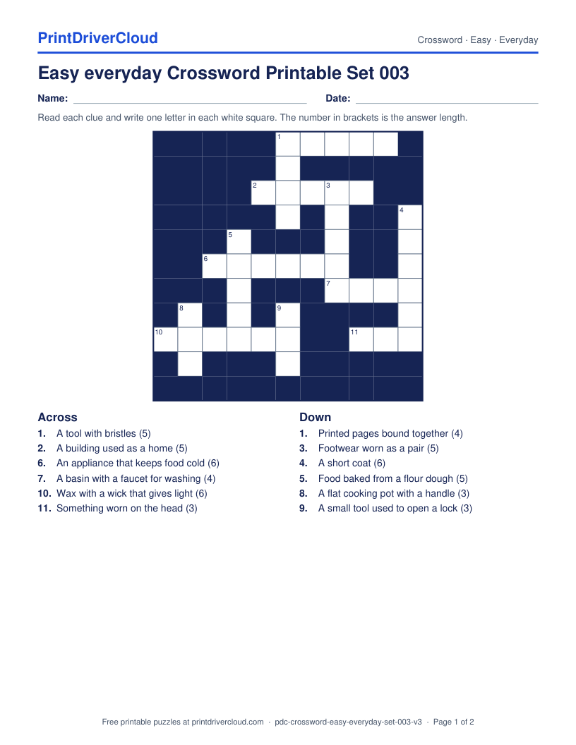 Easy Everyday Crossword Printable Set 003 preview