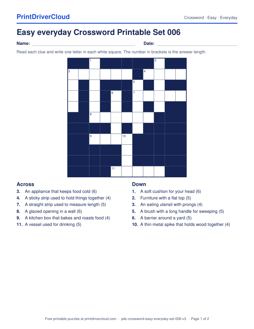 Easy Everyday Crossword Printable Set 006 preview