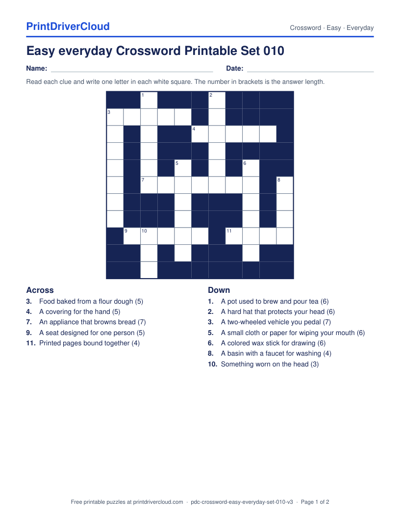Easy Everyday Crossword Printable Set 010 preview