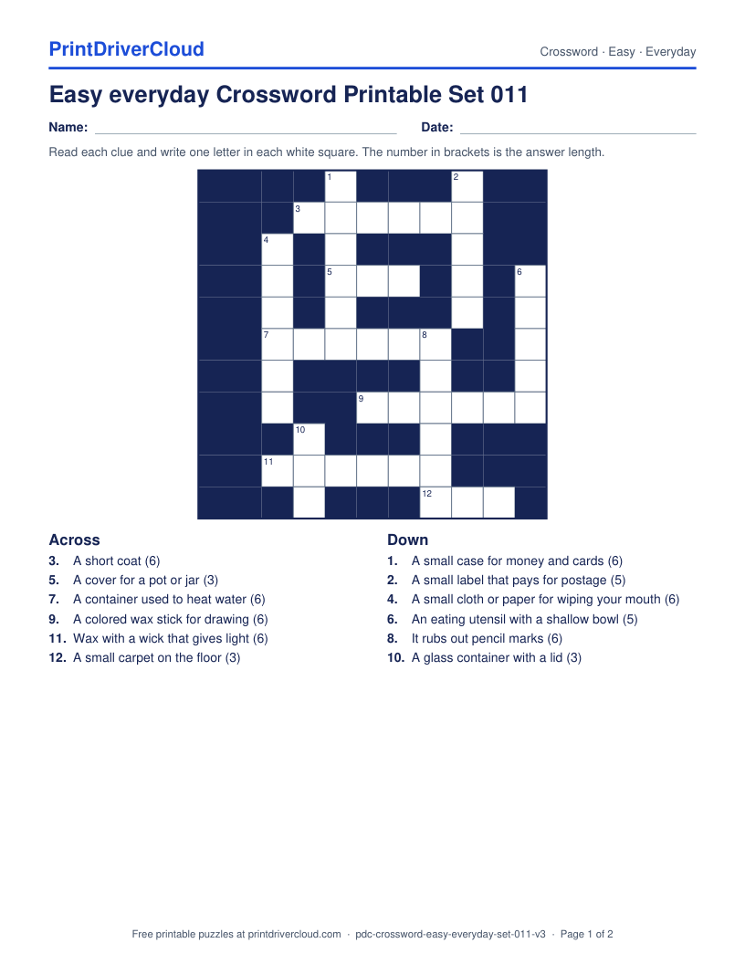 Easy Everyday Crossword Printable Set 011 preview