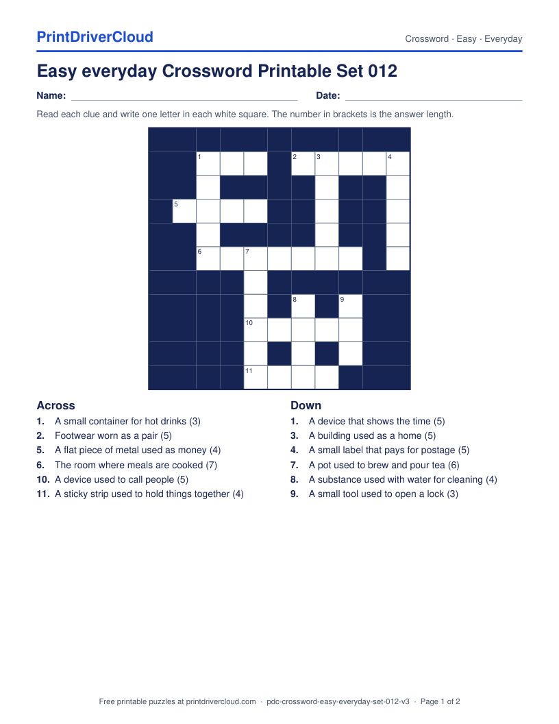 Easy Everyday Crossword Printable Set 012 preview
