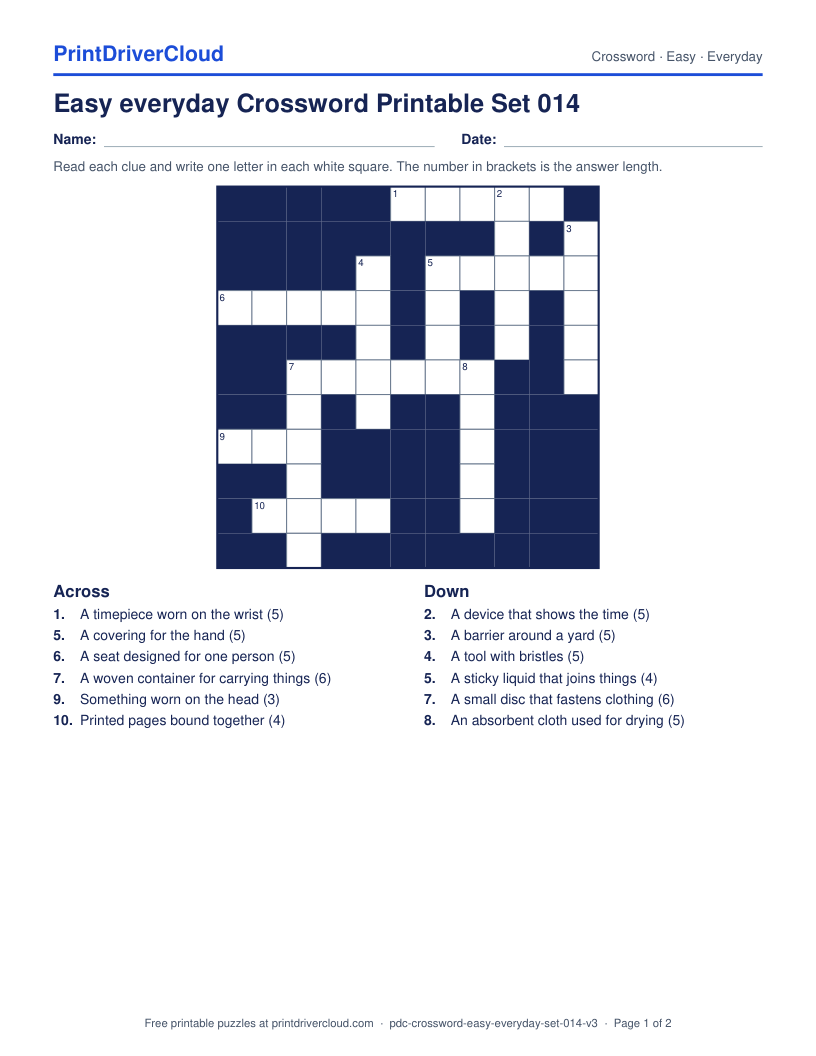 Easy Everyday Crossword Printable Set 014 preview
