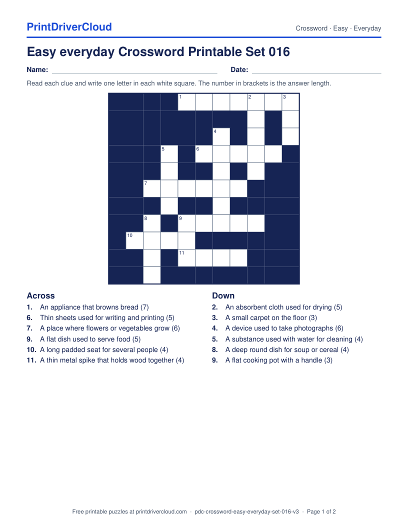 Easy Everyday Crossword Printable Set 016 preview