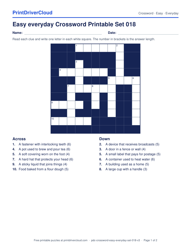 Easy Everyday Crossword Printable Set 018 preview