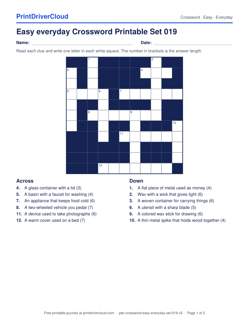 Easy Everyday Crossword Printable Set 019 preview