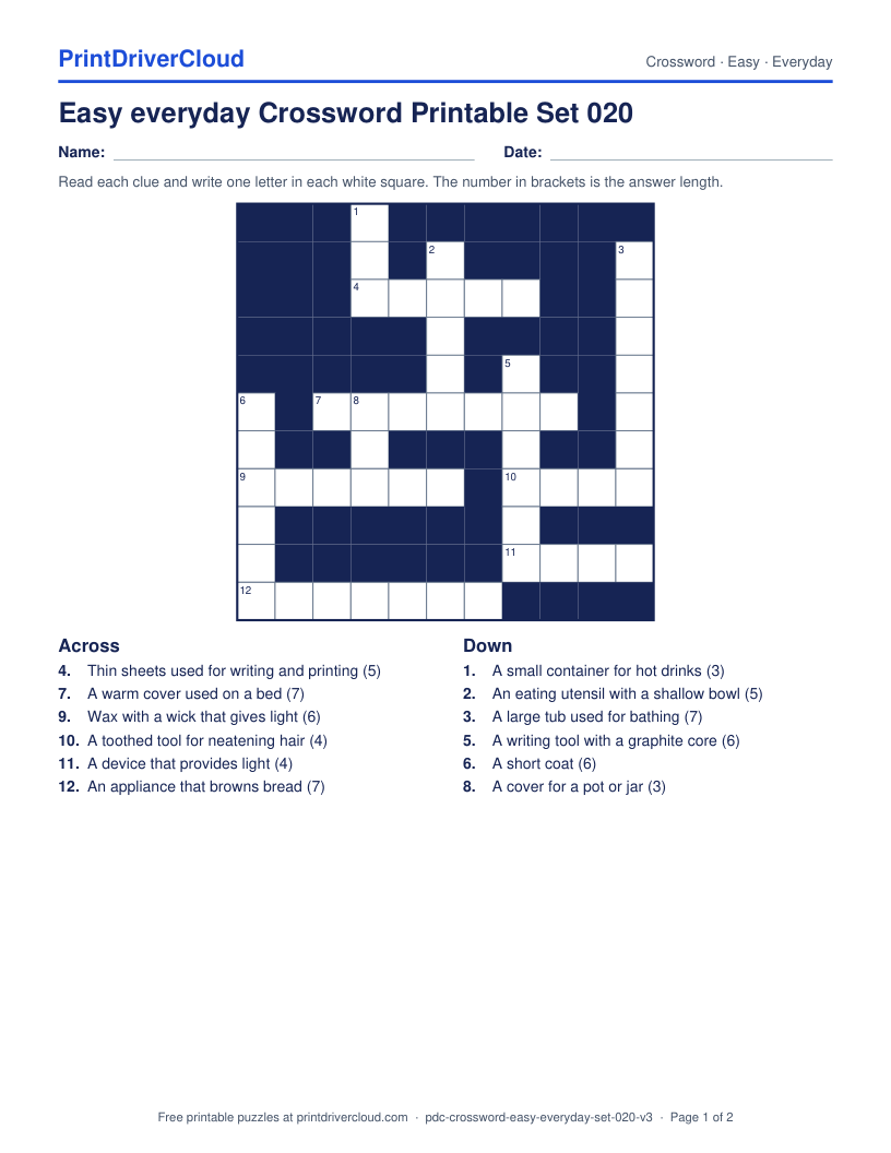 Easy Everyday Crossword Printable Set 020 preview