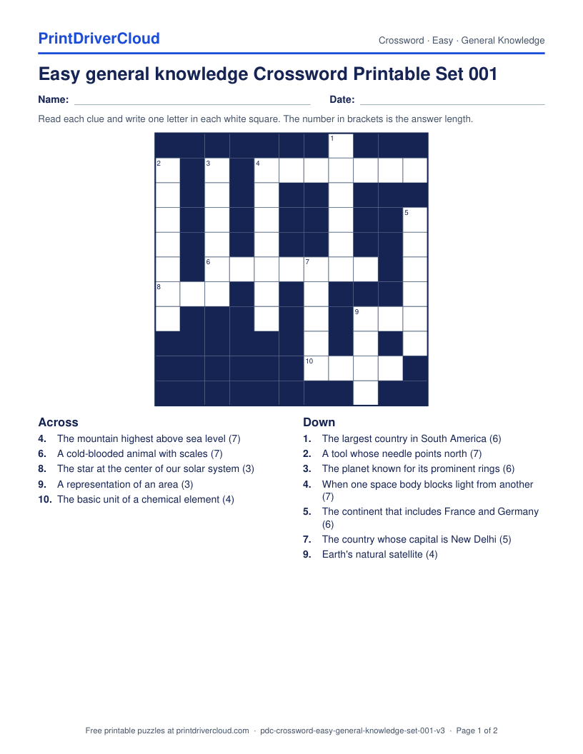 Easy General Knowledge Crossword Printable Set 001 preview