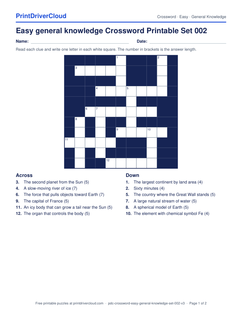 Easy General Knowledge Crossword Printable Set 002 preview