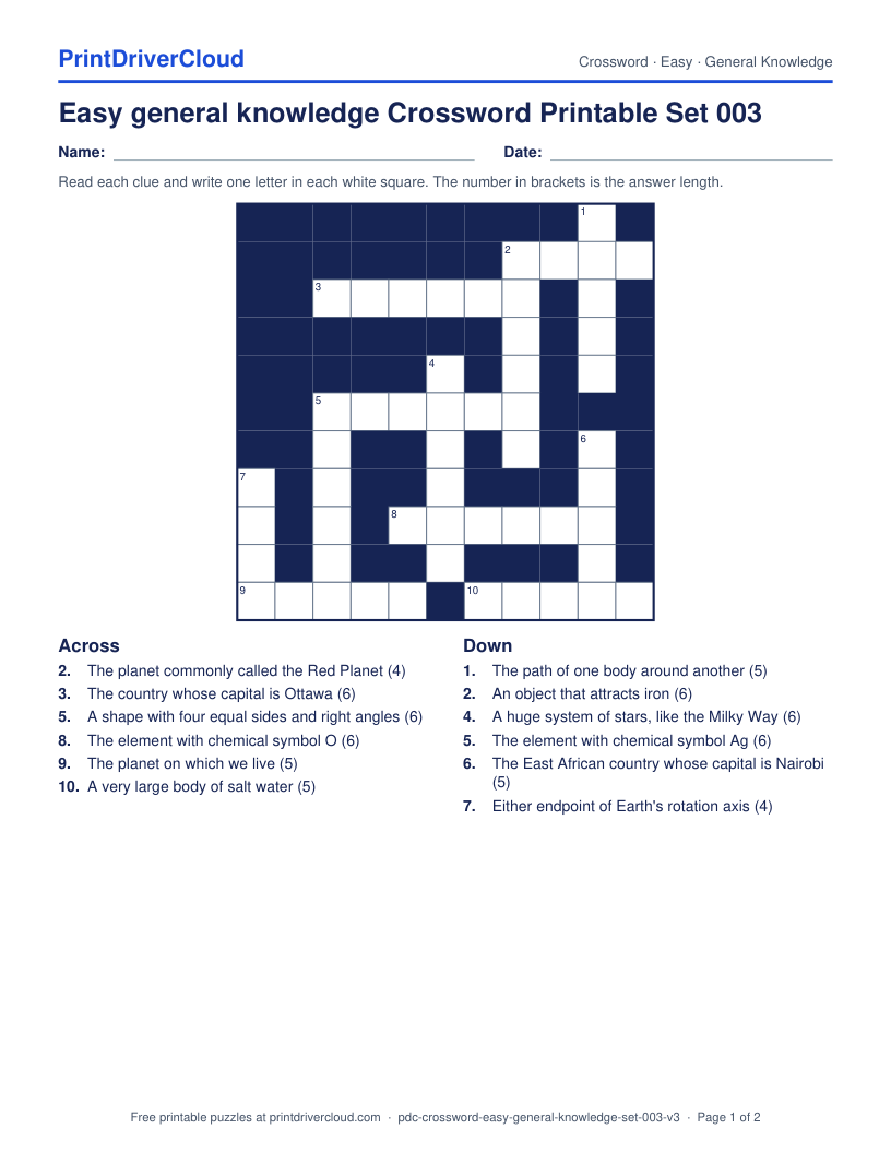 Easy General Knowledge Crossword Printable Set 003 preview