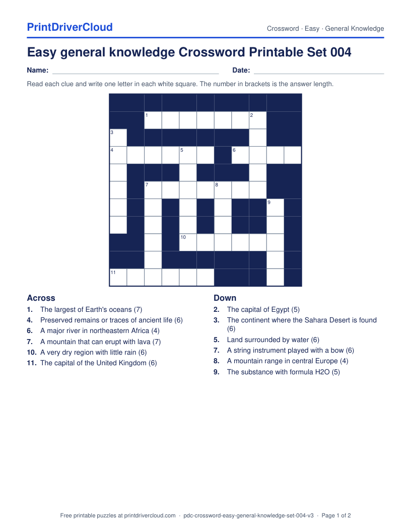 Easy General Knowledge Crossword Printable Set 004 preview