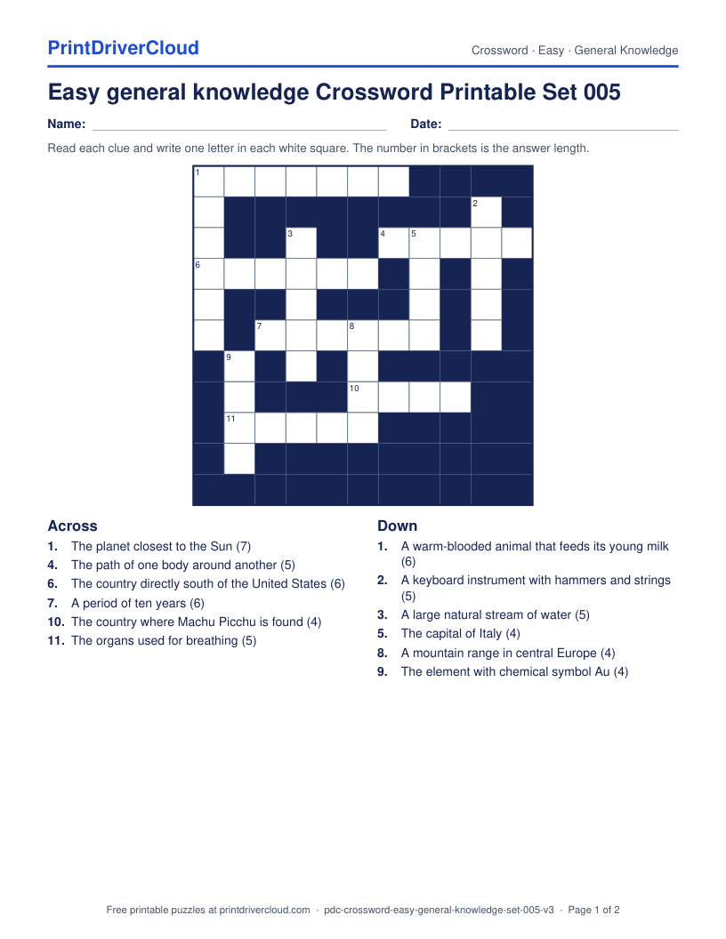 Easy General Knowledge Crossword Printable Set 005 preview