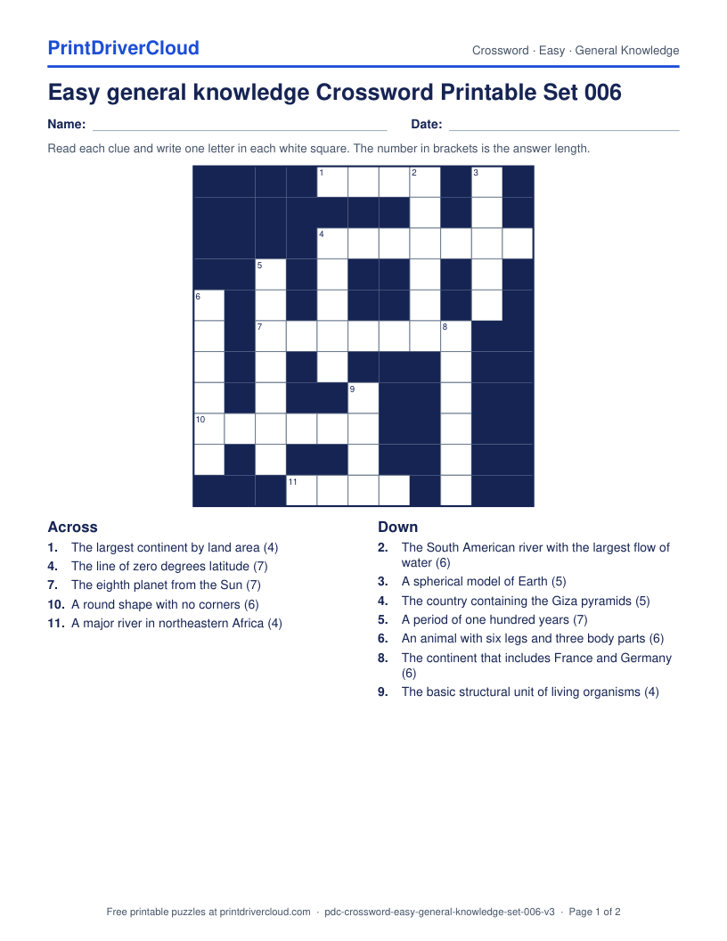Easy General Knowledge Crossword Printable Set 006 preview