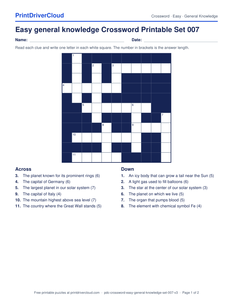 Easy General Knowledge Crossword Printable Set 007 preview