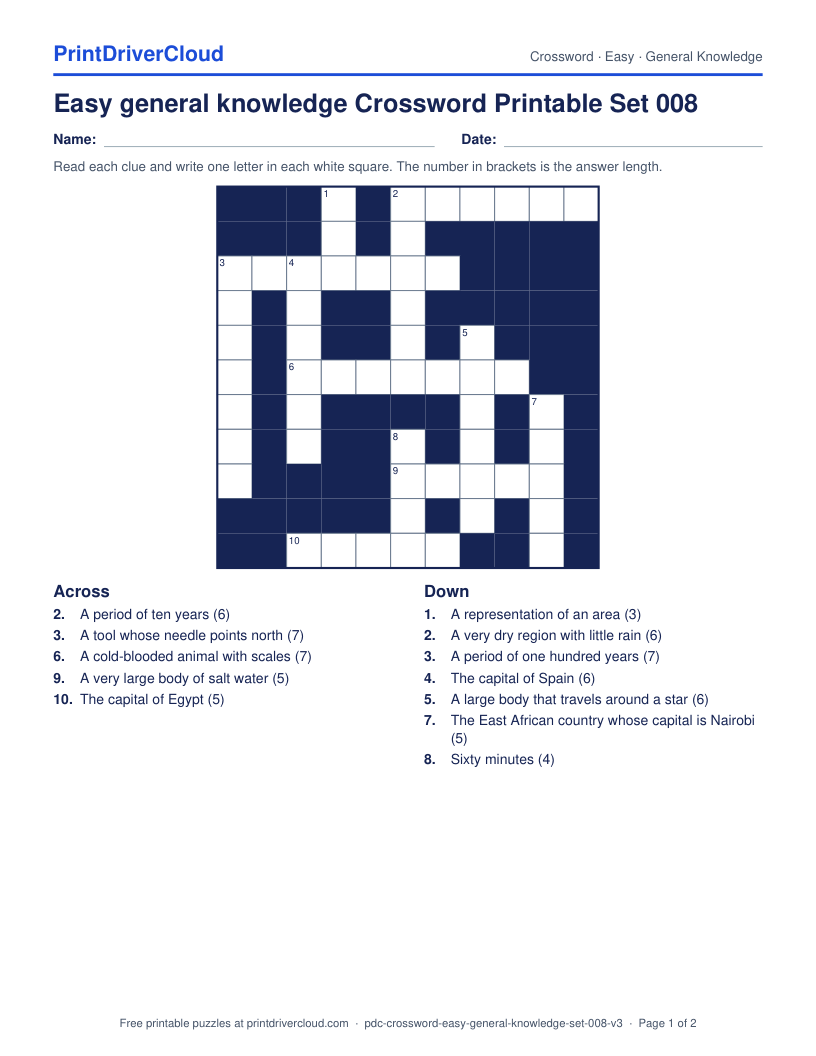 Easy General Knowledge Crossword Printable Set 008 preview