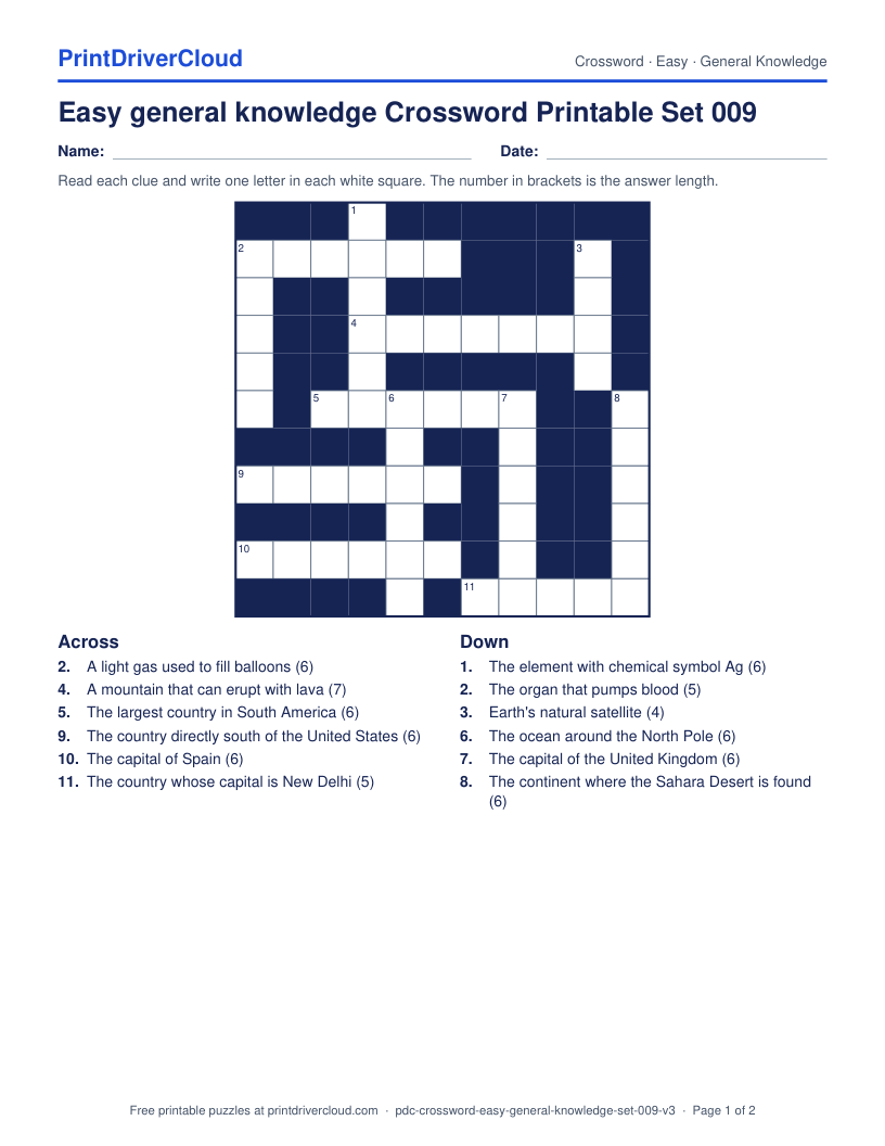 Easy General Knowledge Crossword Printable Set 009 preview
