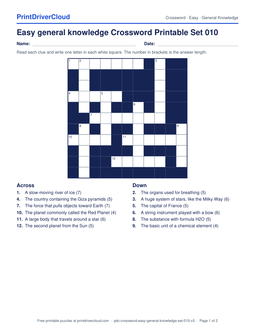 Easy General Knowledge Crossword Printable Set 010 preview