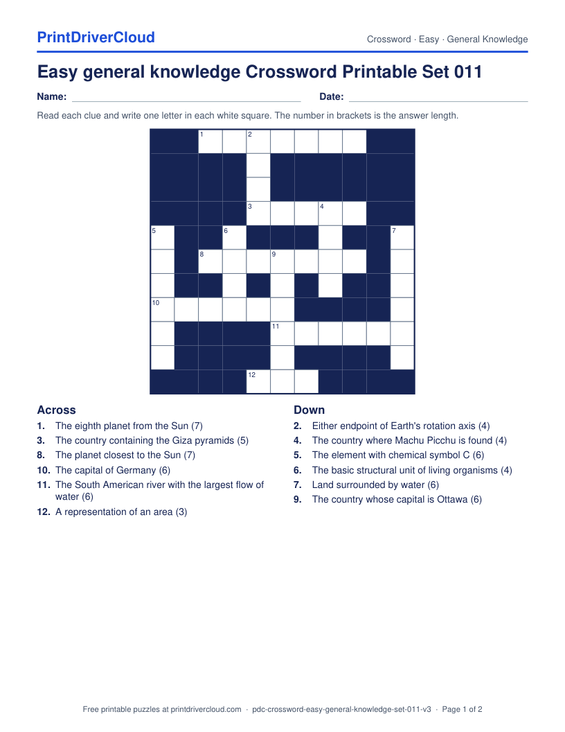 Easy General Knowledge Crossword Printable Set 011 preview