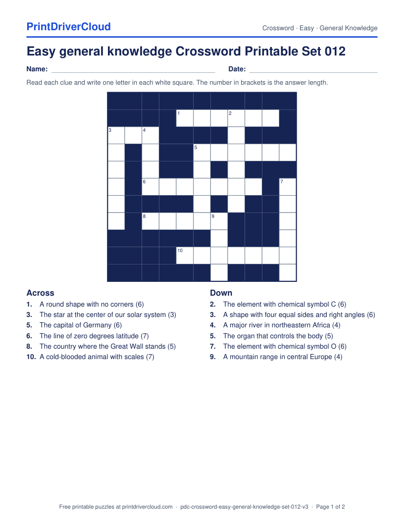 Easy General Knowledge Crossword Printable Set 012 preview
