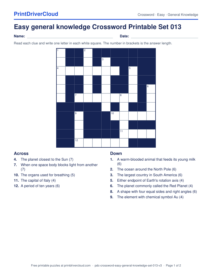 Easy General Knowledge Crossword Printable Set 013 preview