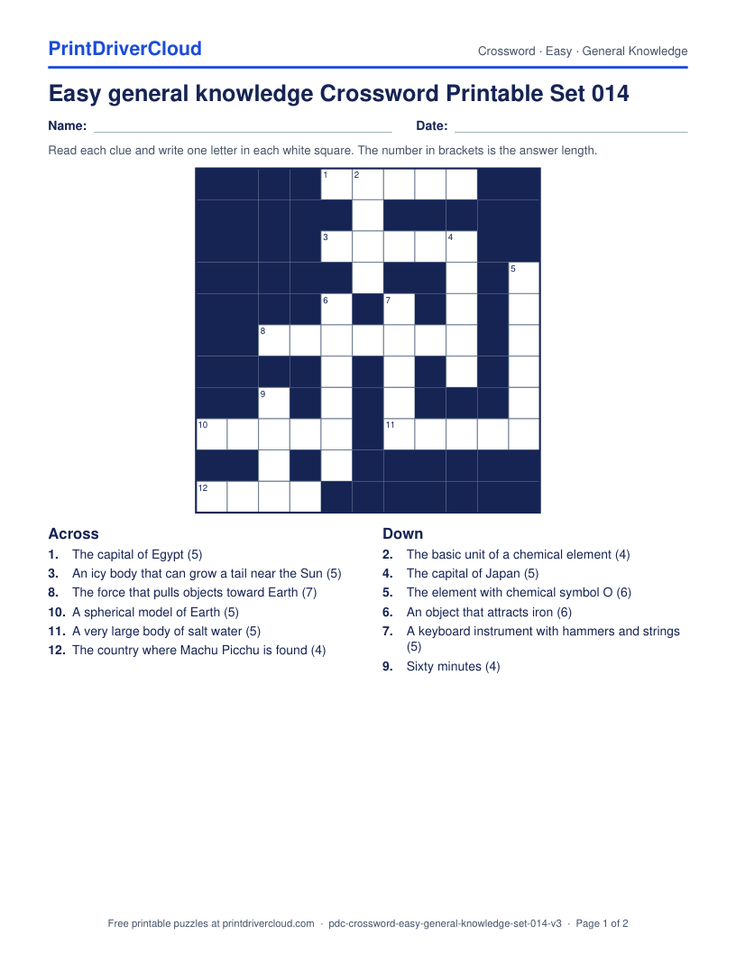 Easy General Knowledge Crossword Printable Set 014 preview