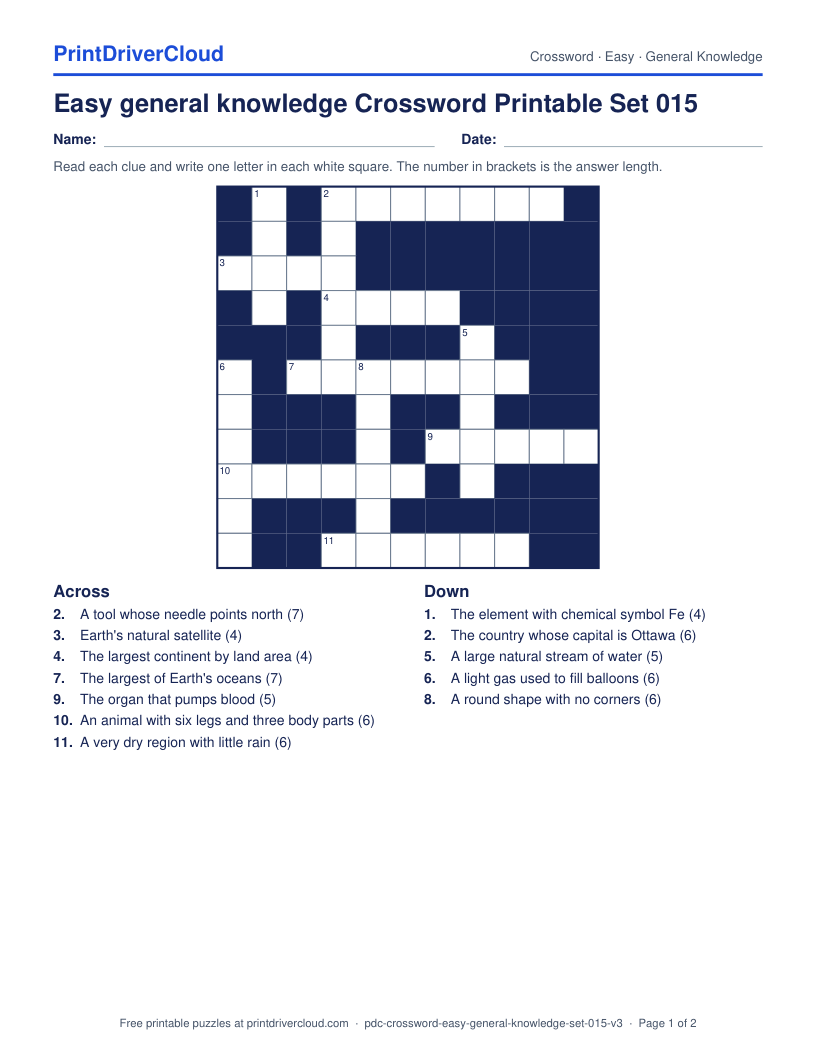 Easy General Knowledge Crossword Printable Set 015 preview