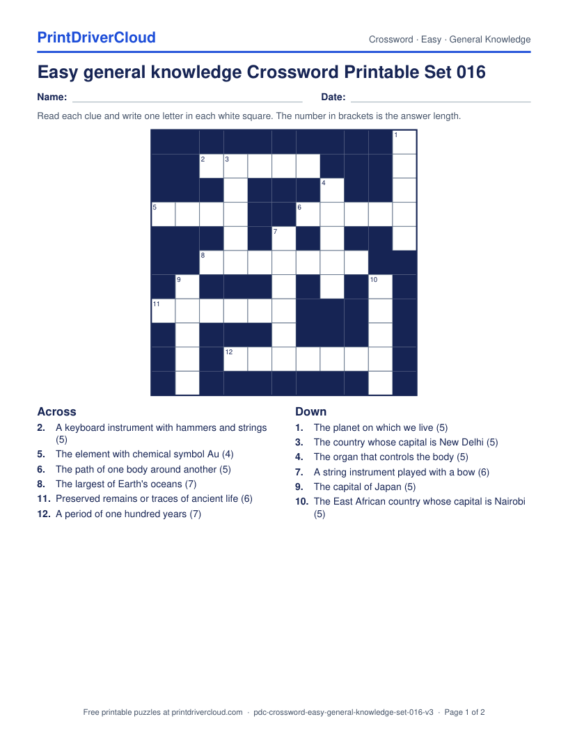 Easy General Knowledge Crossword Printable Set 016 preview