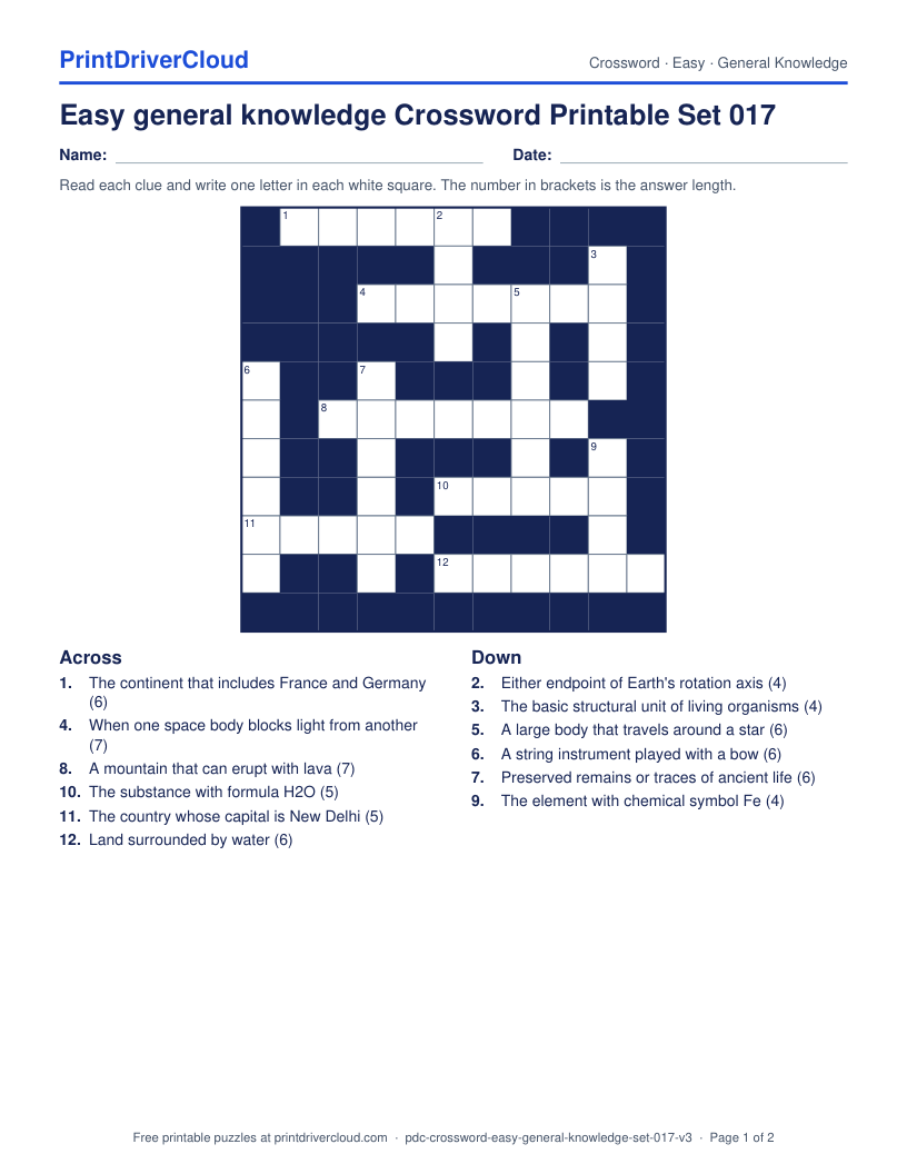 Easy General Knowledge Crossword Printable Set 017 preview