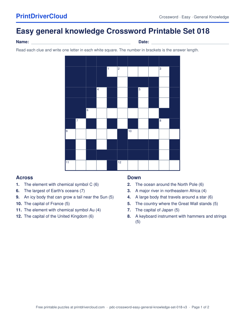 Easy General Knowledge Crossword Printable Set 018 preview