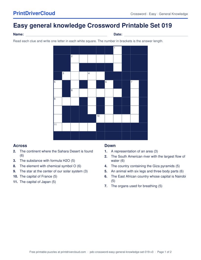 Easy General Knowledge Crossword Printable Set 019 preview
