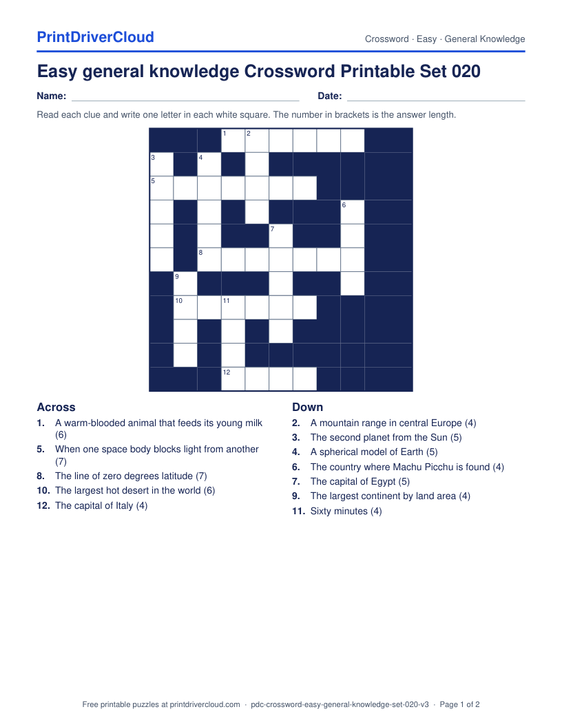 Easy General Knowledge Crossword Printable Set 020 preview