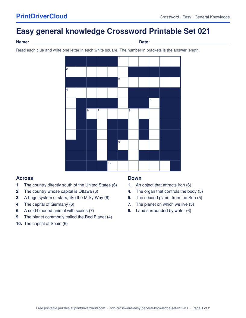 Easy General Knowledge Crossword Printable Set 021 preview