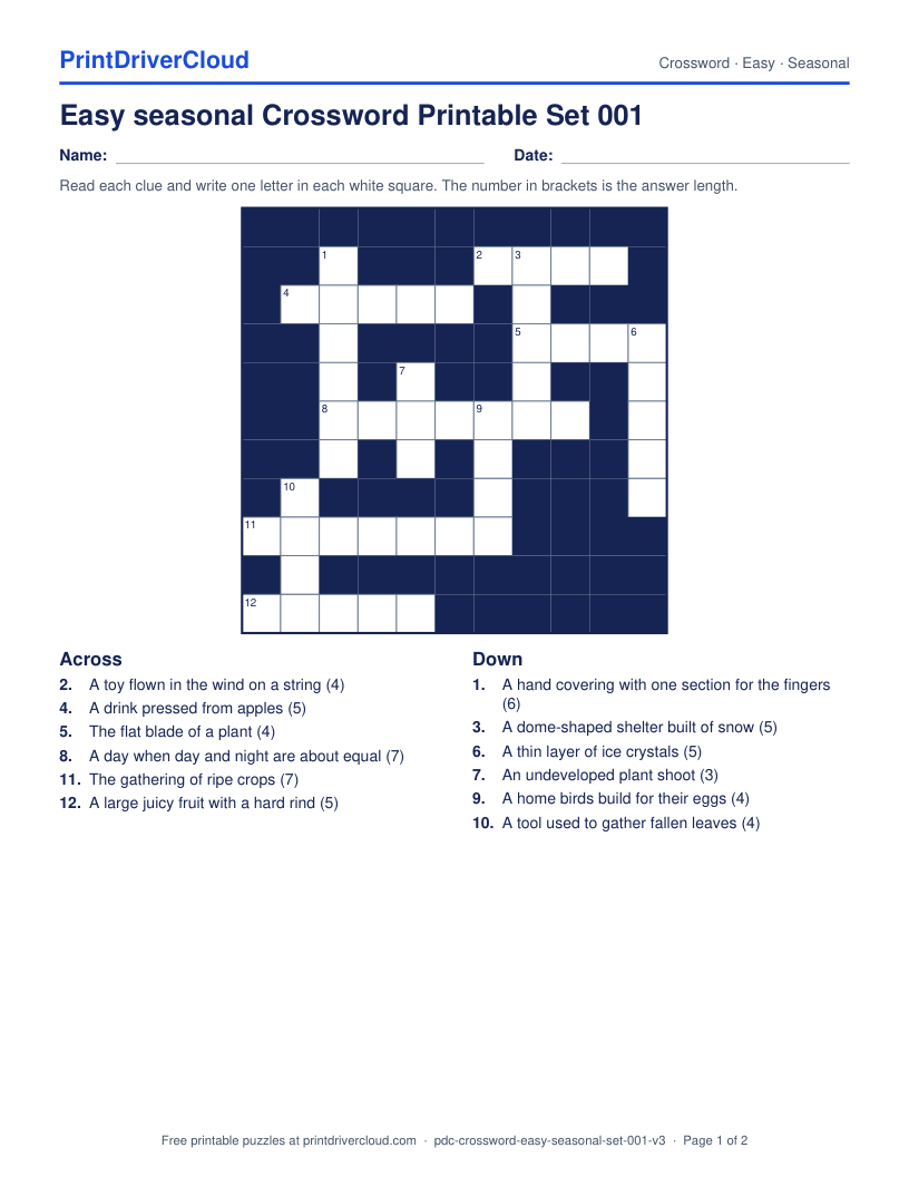 Easy Seasonal Crossword Printable Set 001 preview