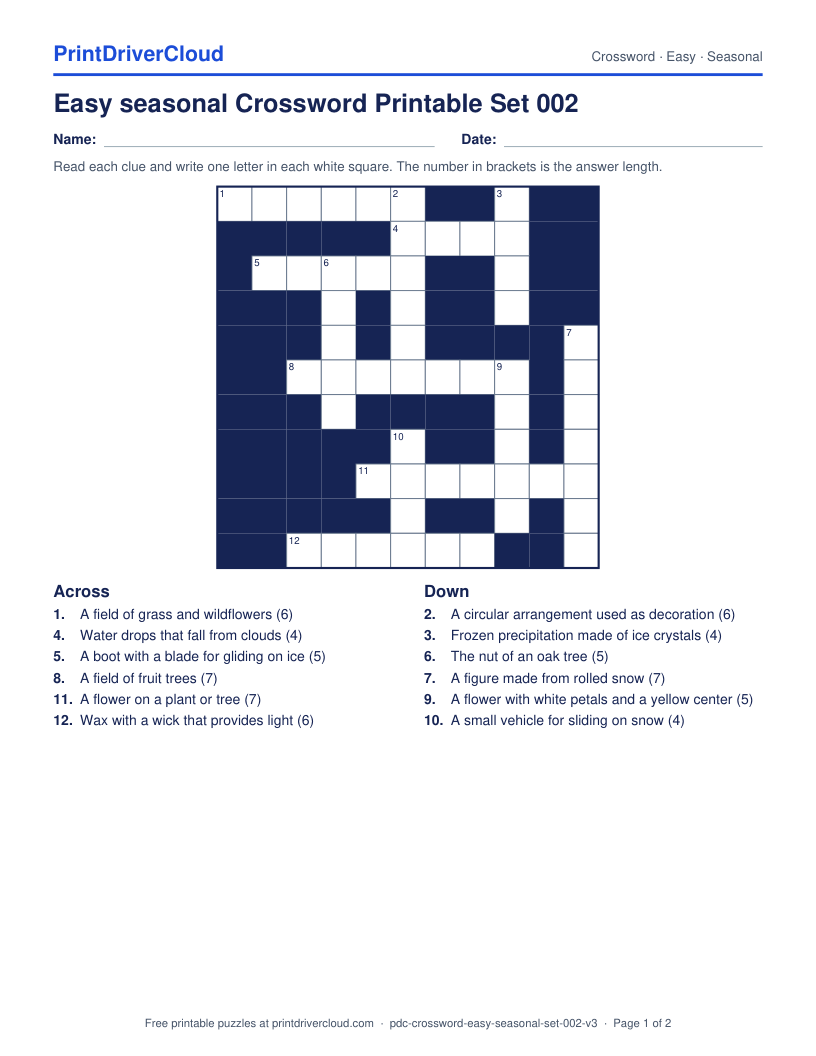 Easy Seasonal Crossword Printable Set 002 preview
