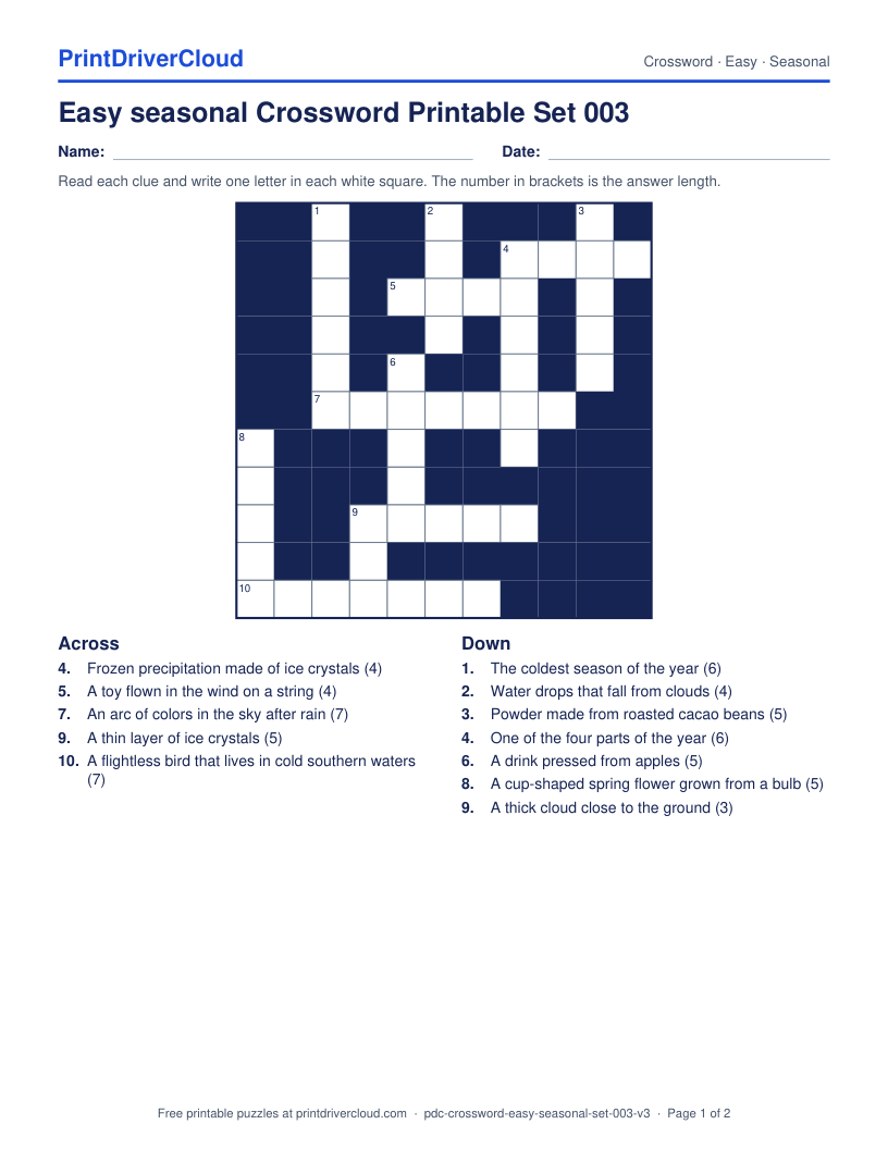 Easy Seasonal Crossword Printable Set 003 preview