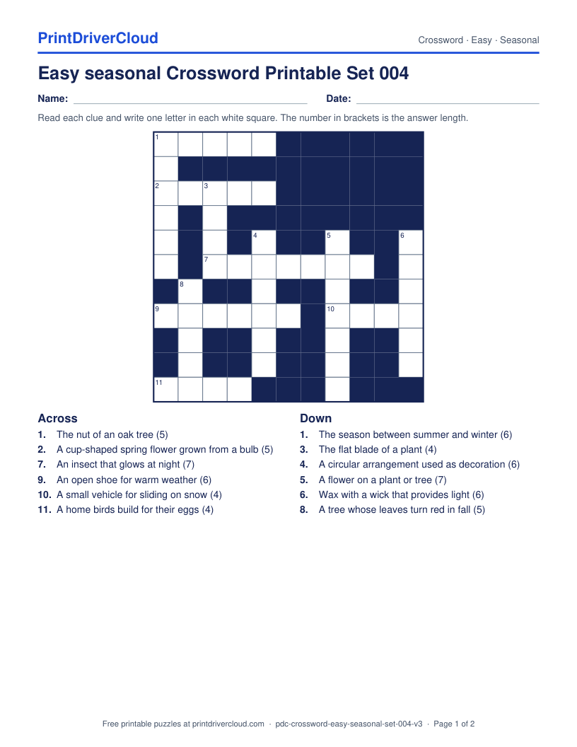 Easy Seasonal Crossword Printable Set 004 preview