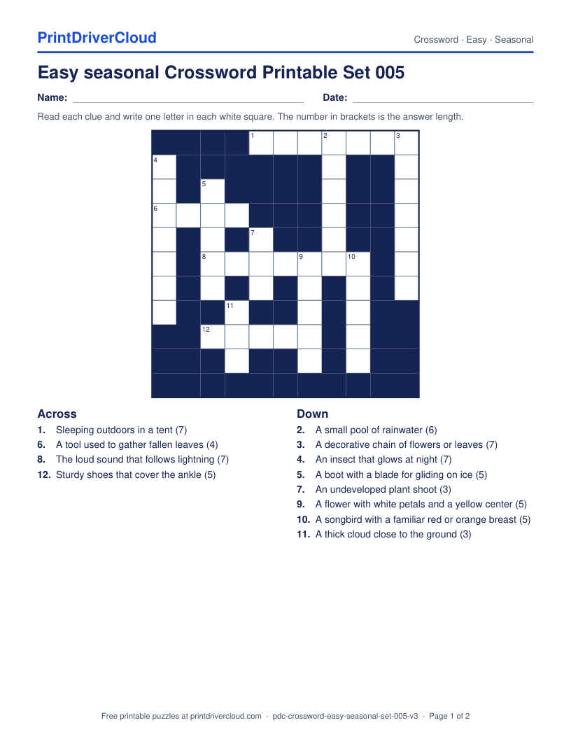 Easy Seasonal Crossword Printable Set 005 preview