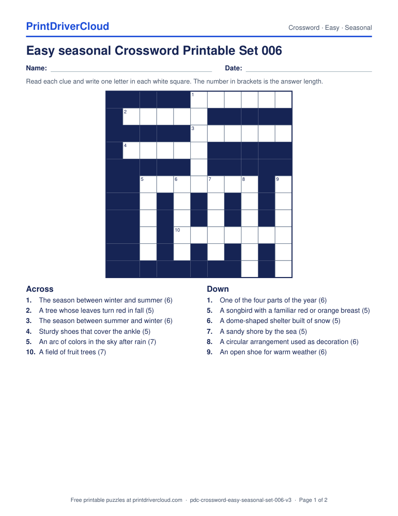 Easy Seasonal Crossword Printable Set 006 preview