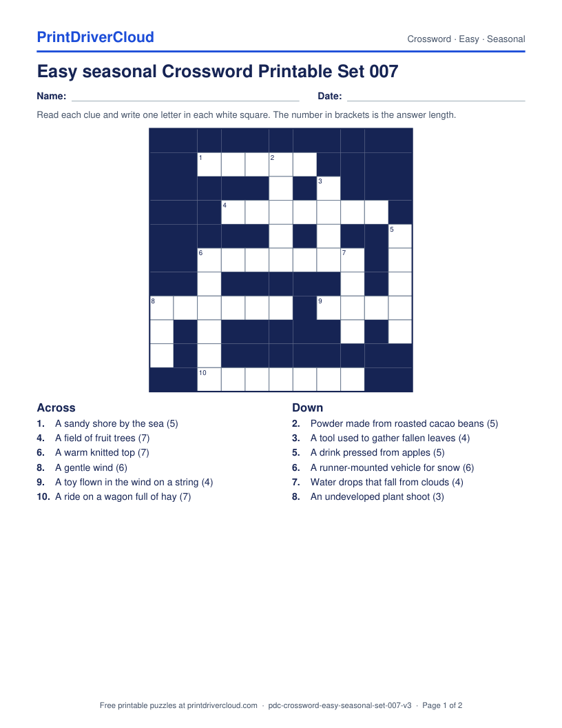 Easy Seasonal Crossword Printable Set 007 preview