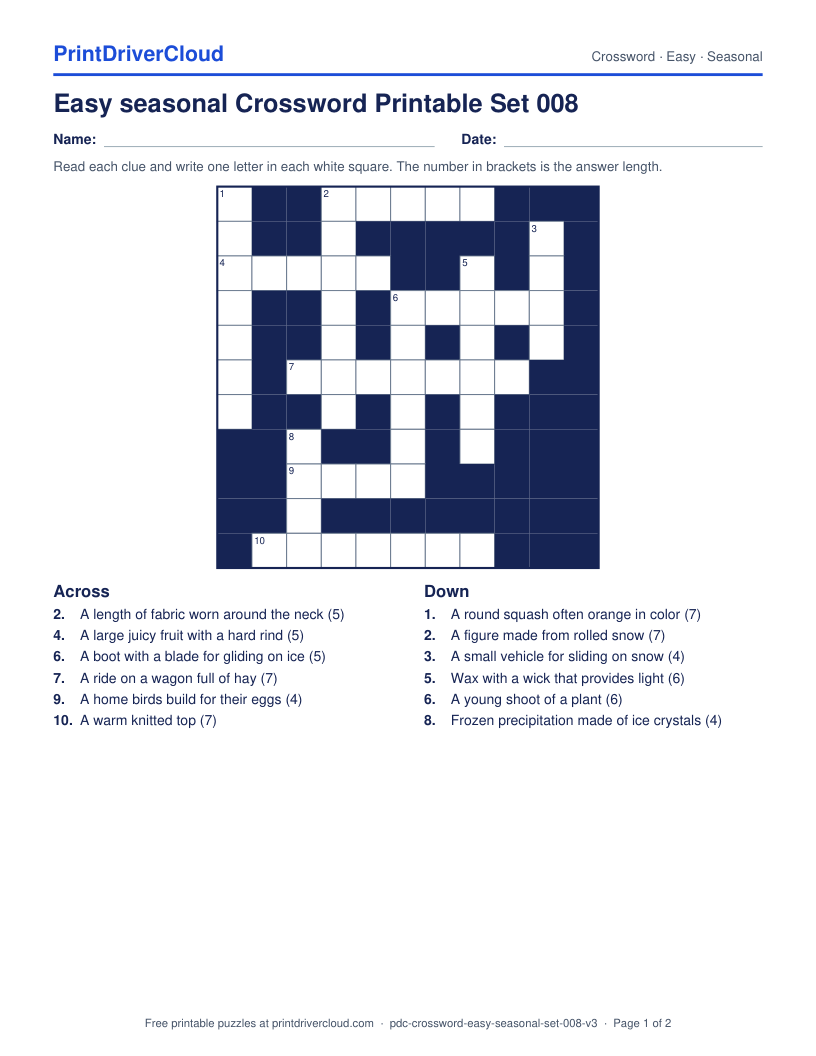 Easy Seasonal Crossword Printable Set 008 preview
