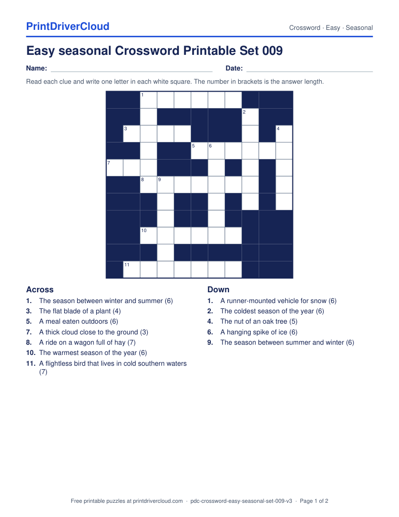 Easy Seasonal Crossword Printable Set 009 preview