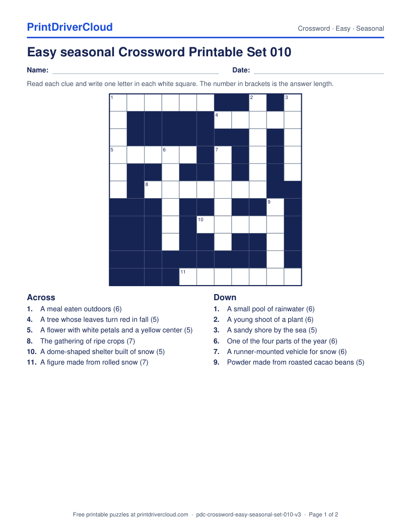 Easy Seasonal Crossword Printable Set 010 preview