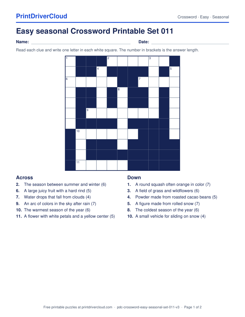 Easy Seasonal Crossword Printable Set 011 preview