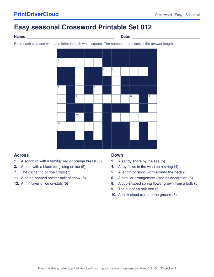 Easy Seasonal Crossword Printable Set 012 preview