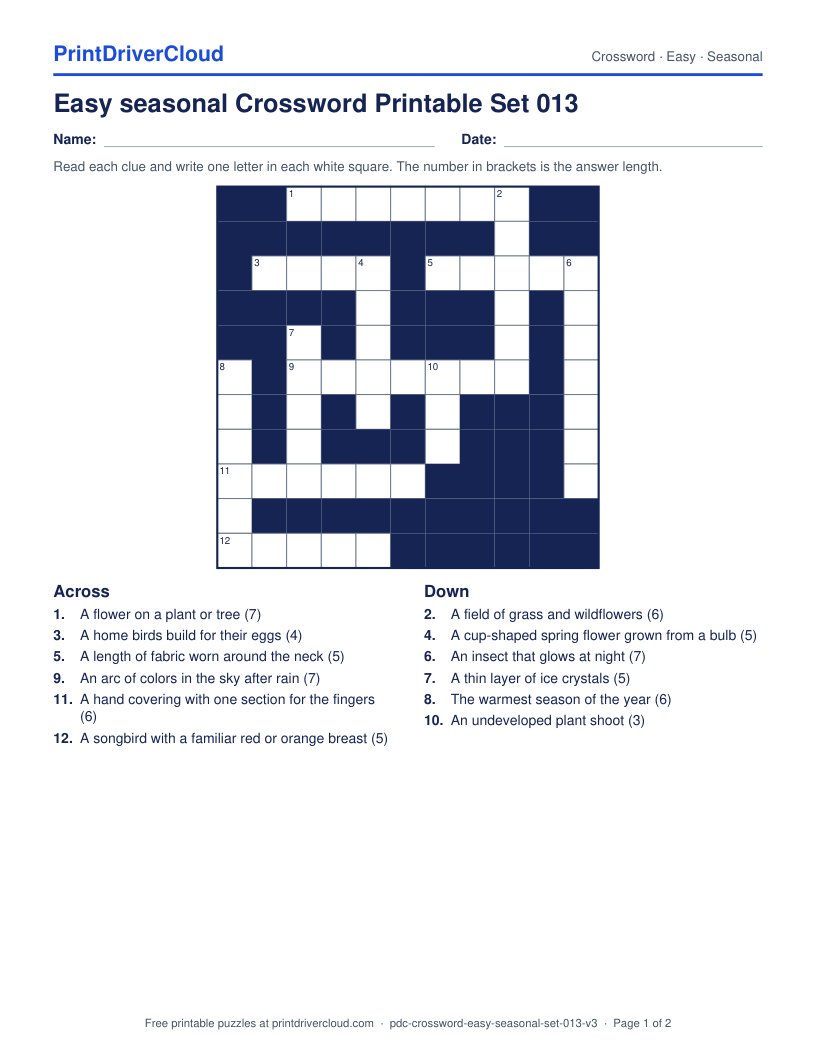 Easy Seasonal Crossword Printable Set 013 preview