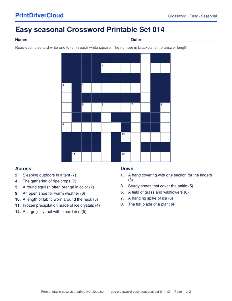 Easy Seasonal Crossword Printable Set 014 preview
