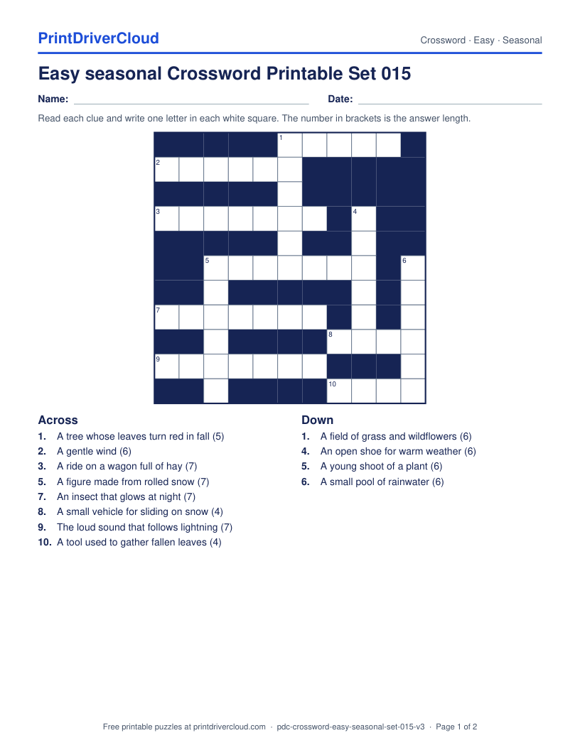 Easy Seasonal Crossword Printable Set 015 preview