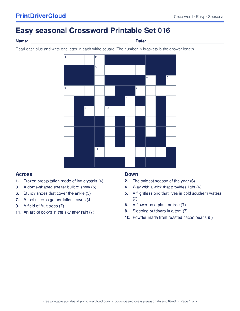 Easy Seasonal Crossword Printable Set 016 preview