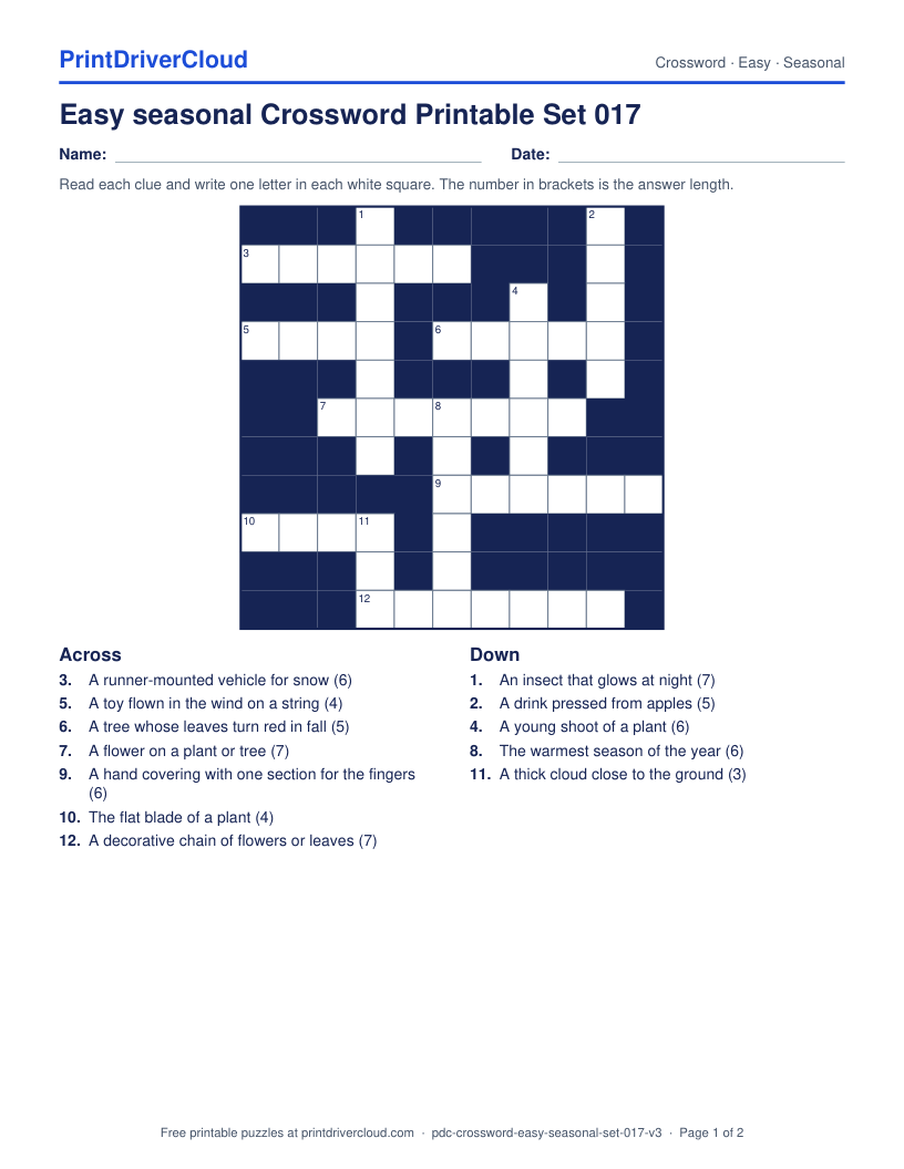 Easy Seasonal Crossword Printable Set 017 preview